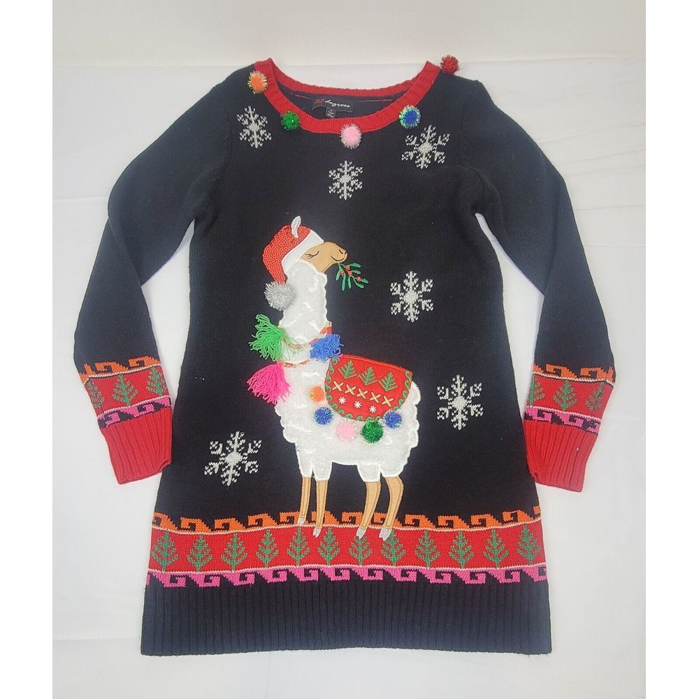 33 Degrees Ugly Christmas Sweater Llama‎ Womens Small. Tunic Black Vintage